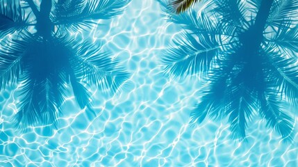 Fototapeta na wymiar palm leaves shadows on blue swimming pool under the clear sky on a sunny day