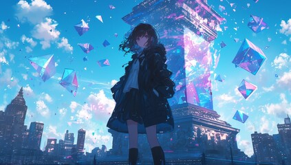 a girl stands in the middle of an empty city square, she is wearing long black coat and short skirt, she has dark hair, the sky above her shows beautiful pastel clouds, skyscrapers surround her