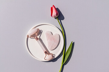 Top view of roller pink quartz massager and gua sha on white round tray with delicate tulip. Gray...