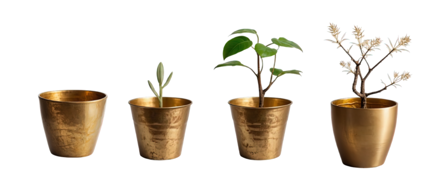 : Transparent PNG background with a golden plant pot isolated. Growth idea. Tree, dry tree, plant, seedling. vase with houseplants. old-fashioned garden planter