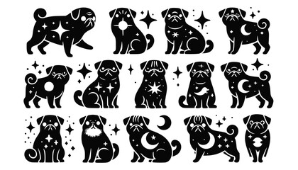 Celestial Pug Silhouettes Vector Collection