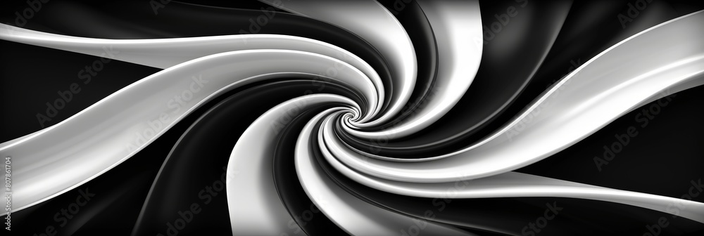 Poster Abstract black and white swirl pattern on a solid black background, creating a visually dynamic and contrasted design