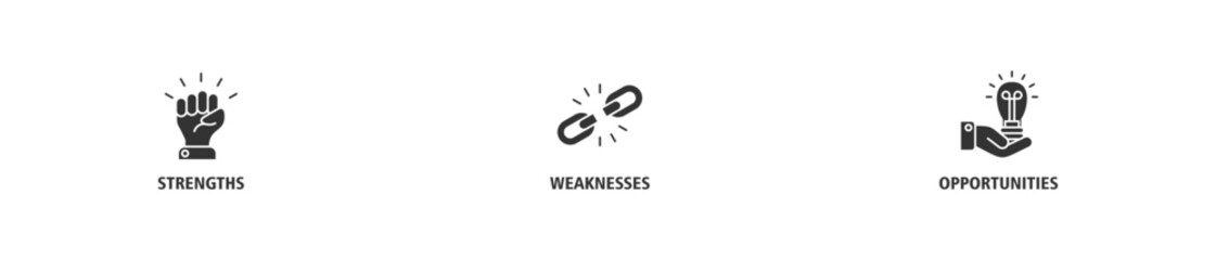 SWOT banner web icon vector illustration concept for strengths, weaknesses, threats, and opportunities analysis with an icon of value, goal, break chain, low battery, growth, check, minus, and crisis