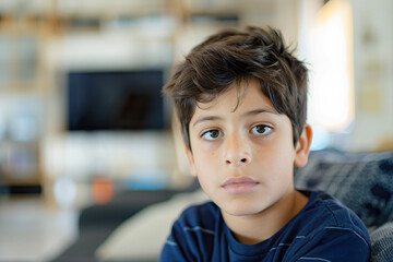 Close-up of Young Boy Staring into Camera at Home with Blurred Backdrop