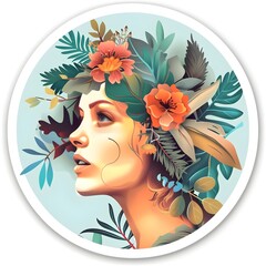  A woman with flowers in her hair and leaves on her head, embodying nature's beauty and tranquility.