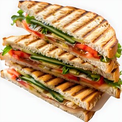 A sandwich with fresh vegetables and savory meat on a clean white background.