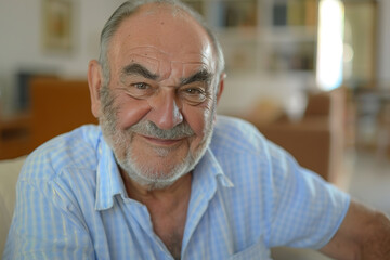 Close-up of Older Man from Southern Europe Looking into Camera at Home with Blurred Backdrop
