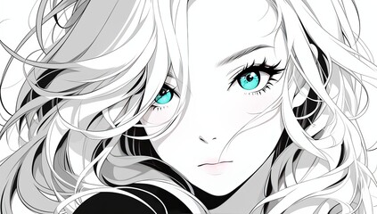 A manga-style portrait of an anime girl with long hair, big eyes and pouty lips in black and white art
