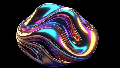 Bold holographic liquid metal shape isolated. Iridescent wavy melted chrome substance. black reflective background