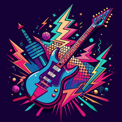 Electric guitar and rock music themes with neon colors for concert posters or music festival promotion