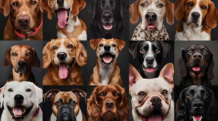 Collage of various dog breeds with different expressions and fur colors. Veterinary service advertisements emphasizing care for all breeds. Concept of animal theme, 