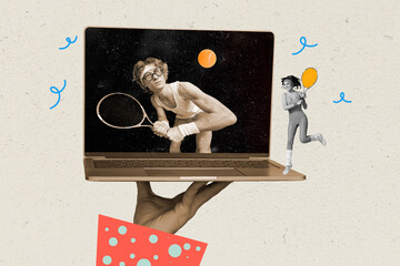 Creative image collage young energetic tennis players computer connection internet concept remote game hit ball score match tournament - Powered by Adobe