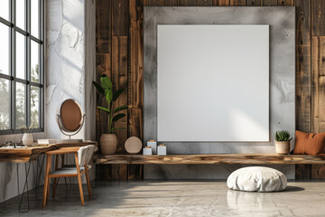 Modern Office Interior Mockup with White Wall, Wooden Elements, and Concrete Floor, Side View of Modern Desk