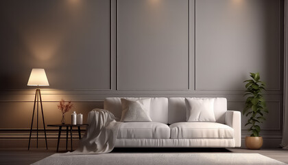 Cozy Grey Sofa With Warm Lighting With Grey Walls