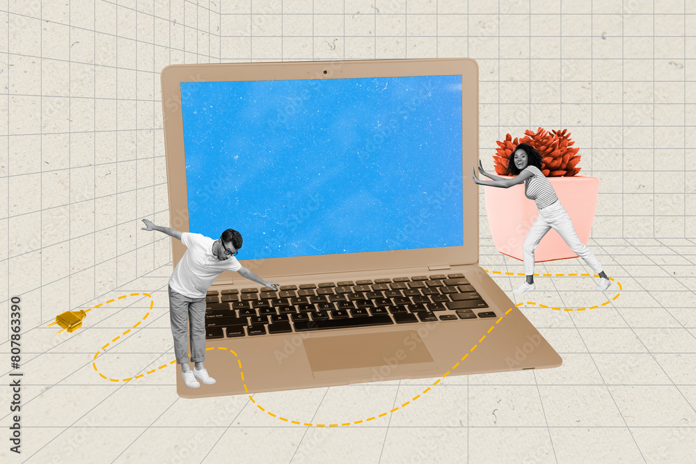 Poster creative image collage young people balancing man girl push laptop internet connection cable remote 