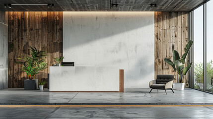 Modern Office Interior Mockup with White Wall, Wooden Elements, and Concrete Floor, Side View of Modern Desk