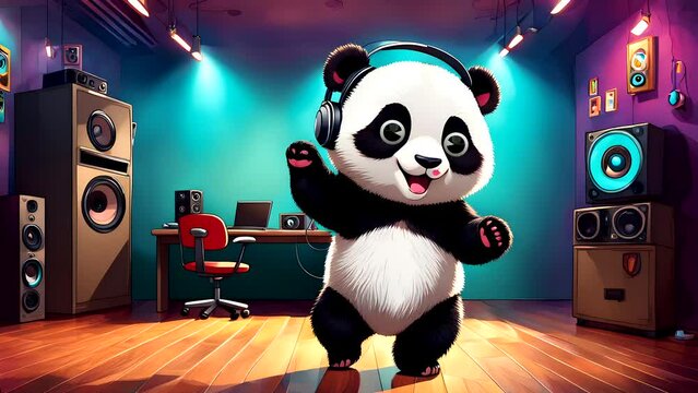Cartoon panda with headphones dancing. Seamless looping time-lapse video animation background
