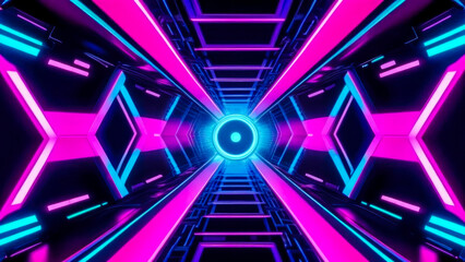 Stunning visual of sci-fi tunnel adorned with glowing pink and blue neon lights. Futuristic motion graphics backdrop.