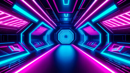 Immersive sci-fi experience with vivid pink and blue neon lights in abstract spaceship tunnel. Futuristic motion graphics concept.
