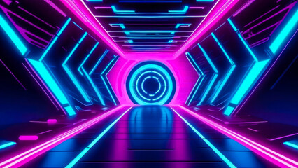 Enchanting abstract spaceship tunnel with pulsating pink and blue neon glowing lights. Futuristic motion graphics backdrop.