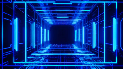 Vibrant neon-lit portal tunnel in futuristic style with blue glowing hues in square shape. Cyberpunk style.