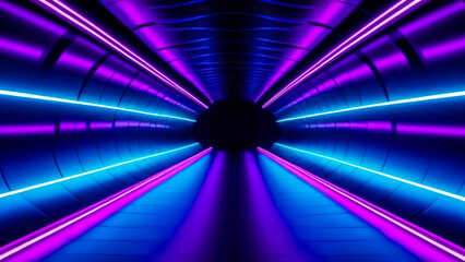 Evocative atmosphere with swirling purple and blue neon lights in abstract sci-fi tunnel. Futuristic motion graphics concept