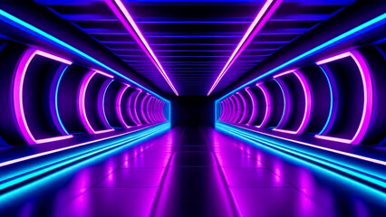 Captivating sci-fi portal tunnel with dynamic pink and blue neon glowing lights. Futuristic motion graphics backdrop.