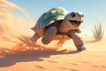 A tortoise racing across the desert, with its shell it as if an engine was burning. The background features the vast expanse of the Sahara Desert. 