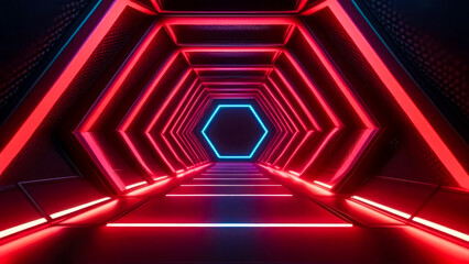 Futuristic portal tunnel illuminated by red neon glowing lights. Abstract motion graphics background.