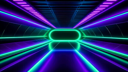 Vibrant neon-lit portal tunnel in futuristic style with green and violet glowing hues. Cyberpunk style.