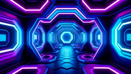 Enchanting abstract futuristic spaceship tunnel with pulsating purple and blue neon glowing lights. Futuristic motion graphics backdrop.