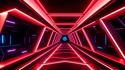 Vibrant neon-lit portal tunnel in futuristic style with red hues. Cyberpunk motion graphics concept.