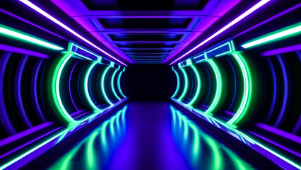 Abstract background vibrant neon-lit portal spiral tunnel in futuristic style with green and violet glowing hues. Cyberpunk style.