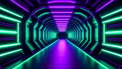 Stunning visual of futuristic portal tunnel adorned with glowing purple and green neon lights. Cyberpunk motion graphics backdrop.
