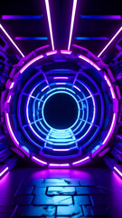 Captivating sci-fi tunnel with dynamic purple and blue neon lights. Futuristic motion graphics backdrop.
