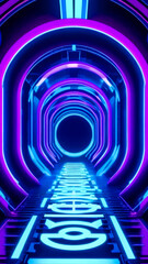 Futuristic sci-fi tunnel illuminated by purple and blue neon lights. Abstract motion graphics vertical background.