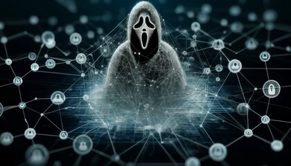 Cybersecurity Threat Represented by Hooded Figure in Digital Network