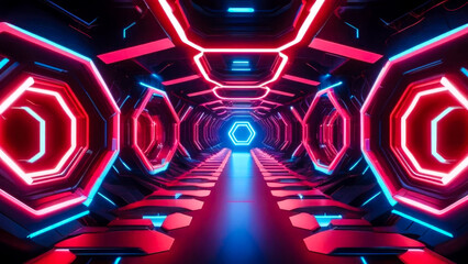 Captivating futuristic spaceship style tunnel with dynamic red neon lights. Cyberpunk motion graphics backdrop.