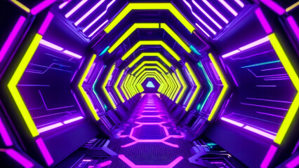 Evocative atmosphere with swirling violet and yellow neon glowing lights in abstract futuristic tunnel. Cyberpunk style.