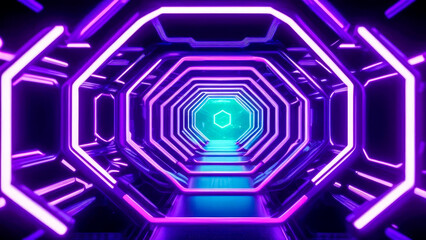 Abstract tunnel in spaceship style with pulsating violet neon lights. Cyberpunk motion graphics backdrop.