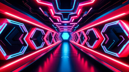 Enchanting abstract futuristic tunnel in spaceship style with pulsating red neon lights. Cyberpunk motion graphics backdrop.