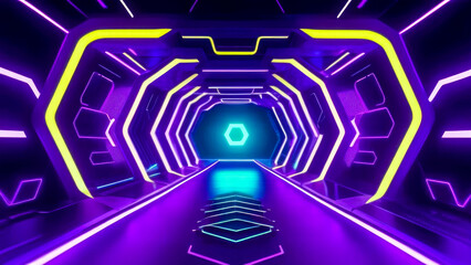 Stunning visual of futuristic portal tunnel adorned with glowing purple and yellow neon lights. Cyberpunk motion graphics backdrop.