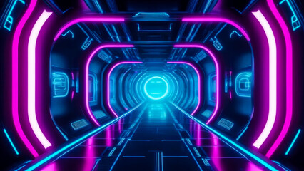 Futuristic sci-fi tunnel illuminated by pink and blue neon lights. Abstract motion graphics background.