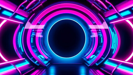 Vibrant neon-lit tunnel in sci-fi style with pink and blue hues. Futuristic motion graphics concept.