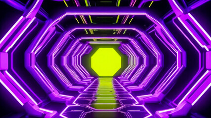 Captivating futuristic spaceship style tunnel with dynamic glowing violet and yellow neon lights. Cyberpunk motion graphics backdrop.