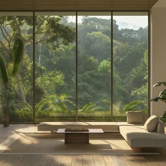 Tropical plants visible through full-length glass windows, open,stylish and luxurious living room home interior