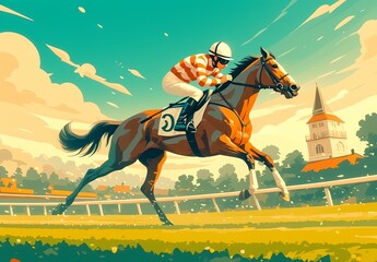 Horse racing with a retro color palette and pastel shades, showing a jockey on the back wearing a white helmet against a background of a sunset sky and green grass landscape.