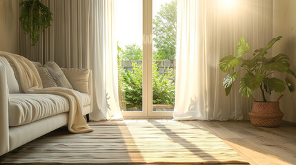Fototapeta premium Curtain interior decoration in living room with big windows