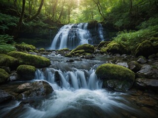 Waterfall cascades over moss-covered rocks into stream, creating serene scene in tranquil forest. Sunlight filters through canopy, highlighting misty water, vibrant foliage.