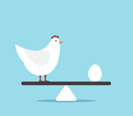 Chicken and egg on weight scale. Causality dilemma, problem of beginning, life cycle, food choice, nutrition and diet concept. Flat design. EPS 8 vector illustration, no transparency, no gradients
